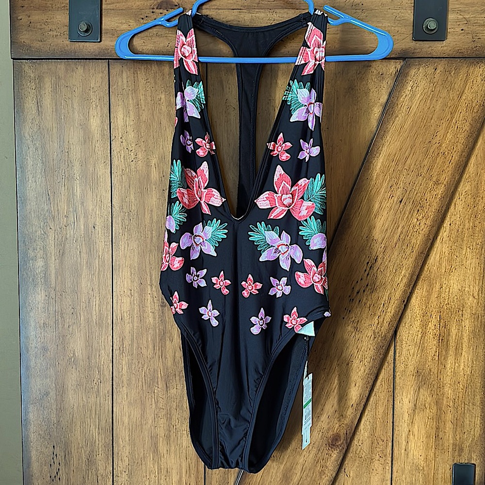 Black Deep V Tropical T Back swim suit